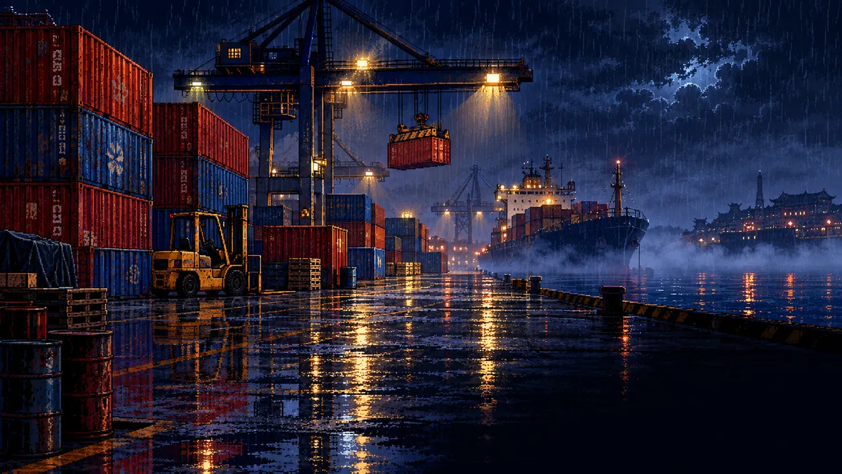 Container stacks and cranes on a foggy dock at night