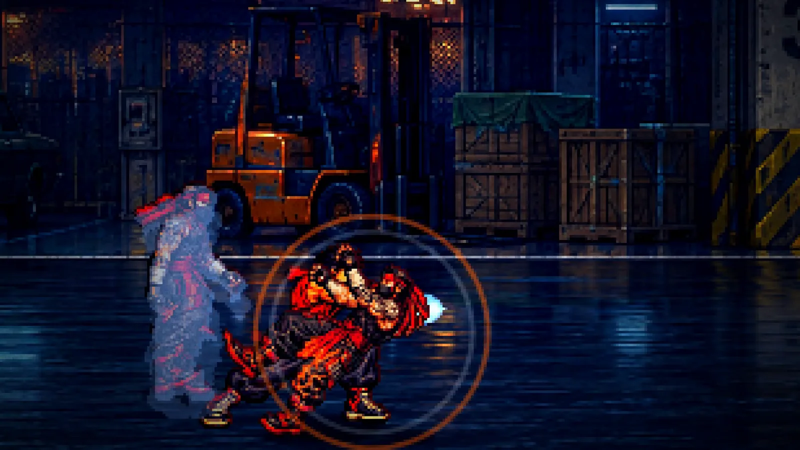 Kai Chen grabs and throws an enemy between crates and a forklift