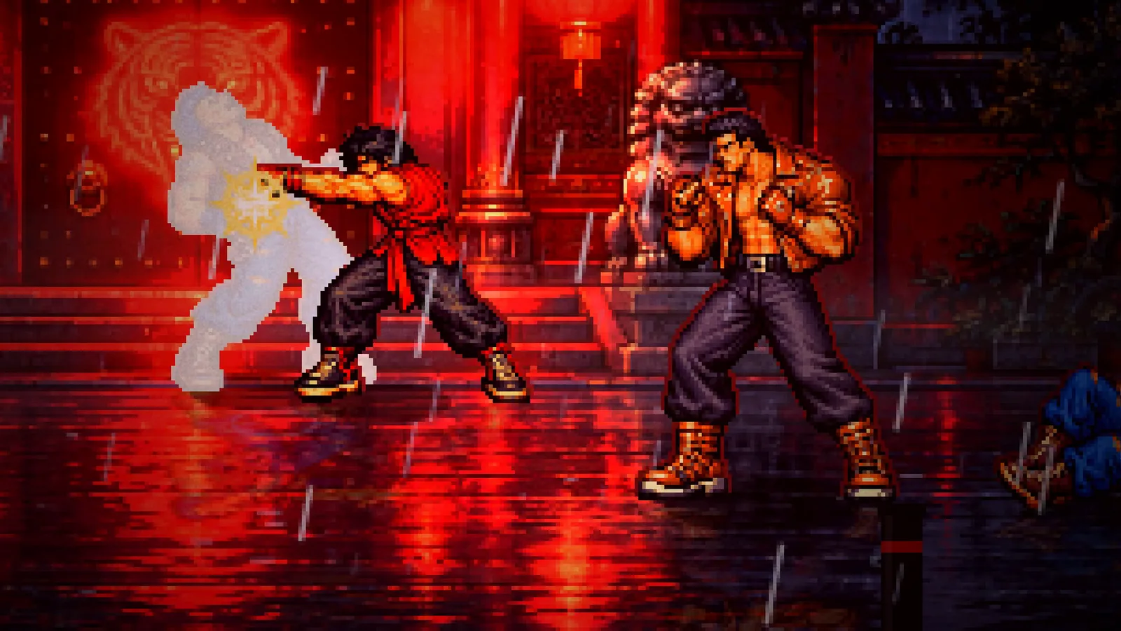 Kai Chen lands a punch in front of a red gate with a glowing tiger emblem